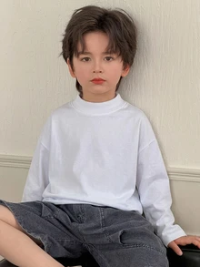 DAZY 青少年男孩純色休閒百搭日常長袖T恤 - 白色 - 查看 1