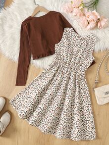 SHEIN Tween Girl Tween Girls Dresses Jacket Set 2pcs Ditsy Floral Autumn/Winter - Brown - View 2