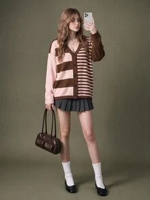 Elnivra Women's Drop Shoulder Long Sleeve Casual Asymmetric Color Block Striped Cardigan - Dusty Pink - View 3