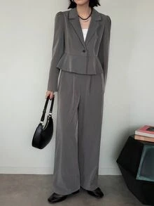 FRIFUL Women's Solid Color Long Sleeve Jacket And Pants Casual Suit Set - Grey - View 6