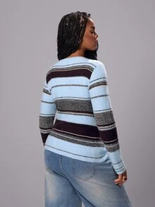 Rustia Plus Size Women's Striped Long Sleeve Single-Breasted Casual Knit Cardigan - Multicolor - View 2