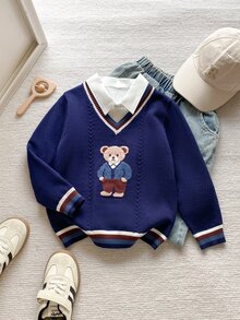 PrepCrw Sweater Kasual Lengan Panjang Berkerah V Bergaris Motif Beruang Kartun untuk Anak Laki-Laki - Royal Blue - View 1