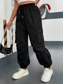 POPSWAY Plus Size Casual Solid Color Elastic Waist & Drawstring Cuffed Cargo Pants Fall Cloth For Women - Black - View 6