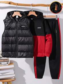 SHEIN 3pcs Kids/Tween Boys Black And Red Contrast Color Hoodie, Drawstring Pants, Padded Coat Set, Casual Athletic School Autumn Winter Outfit - Multicolor - View 3