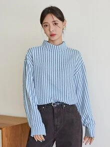 Dazy-Less Women's Striped Stand Collar Drop Shoulder Loose Casual Shirt - Blue - View 6