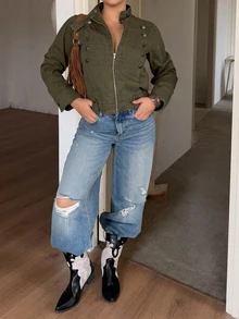 Dazy Plus Autumn Stand Collar Parka Jacket Green Button Decor Loose Casual Street Outdoor Denim Jacket - Army Green - View 5