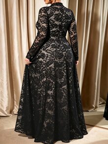 Cravure Plus Size Women's Autumn/Winter Waist-Cinching A-Line Dress With Nude Lining, Contrast Lace, Elegant For Party And Daily Wear - Black - View 2