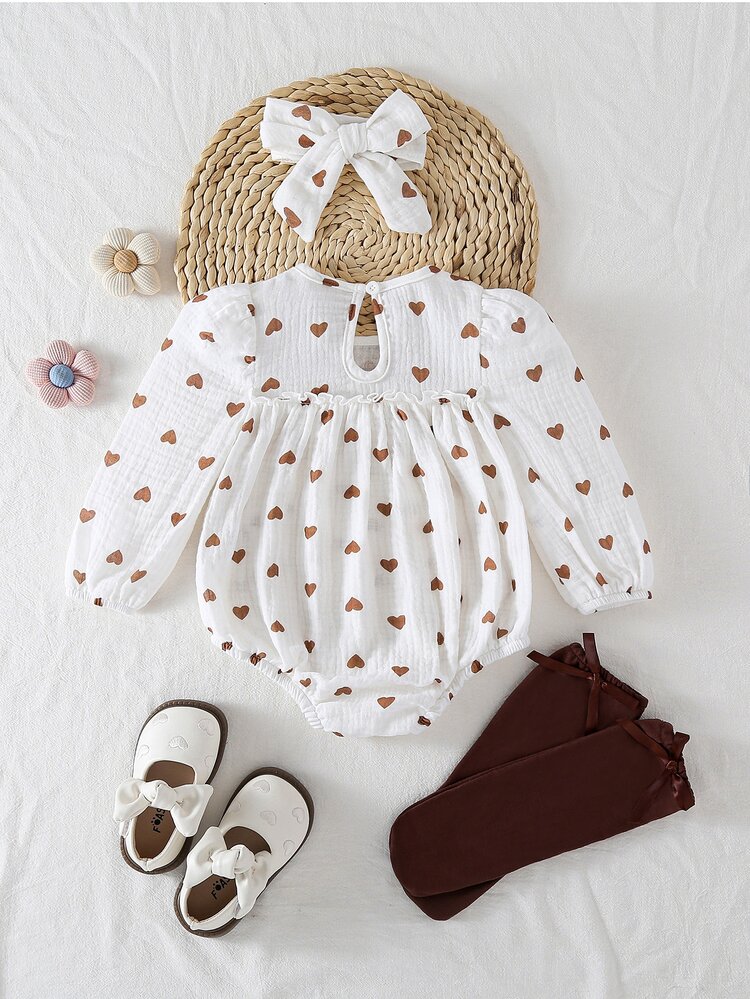 SHEIN 3pc Baby Girls Romper Headband Socks Cute Sweet White Brown Heart Print Ruffle Bow Long Sleeve Round Neck Thin Birthday Fall Elegant Chic Bodysuit Set - Brown - View 2