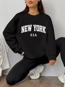 SHEIN EZwear 2件組紐約印花寬鬆圓領運動衫與緊身長褲，秋冬款 - 黑色 - 查看 3