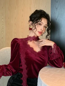 DAZY Women's Loose Blouse With Eyelash Lace Trim, Ribbon And Bell Sleeves - Burgundy - View 6