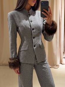 Aloruh Women's Autumn/Winter Dark Gray Suit Set, Faux Fur Patchwork Jacket, Elegant Commuter Outfit - Dark Grey - View 3