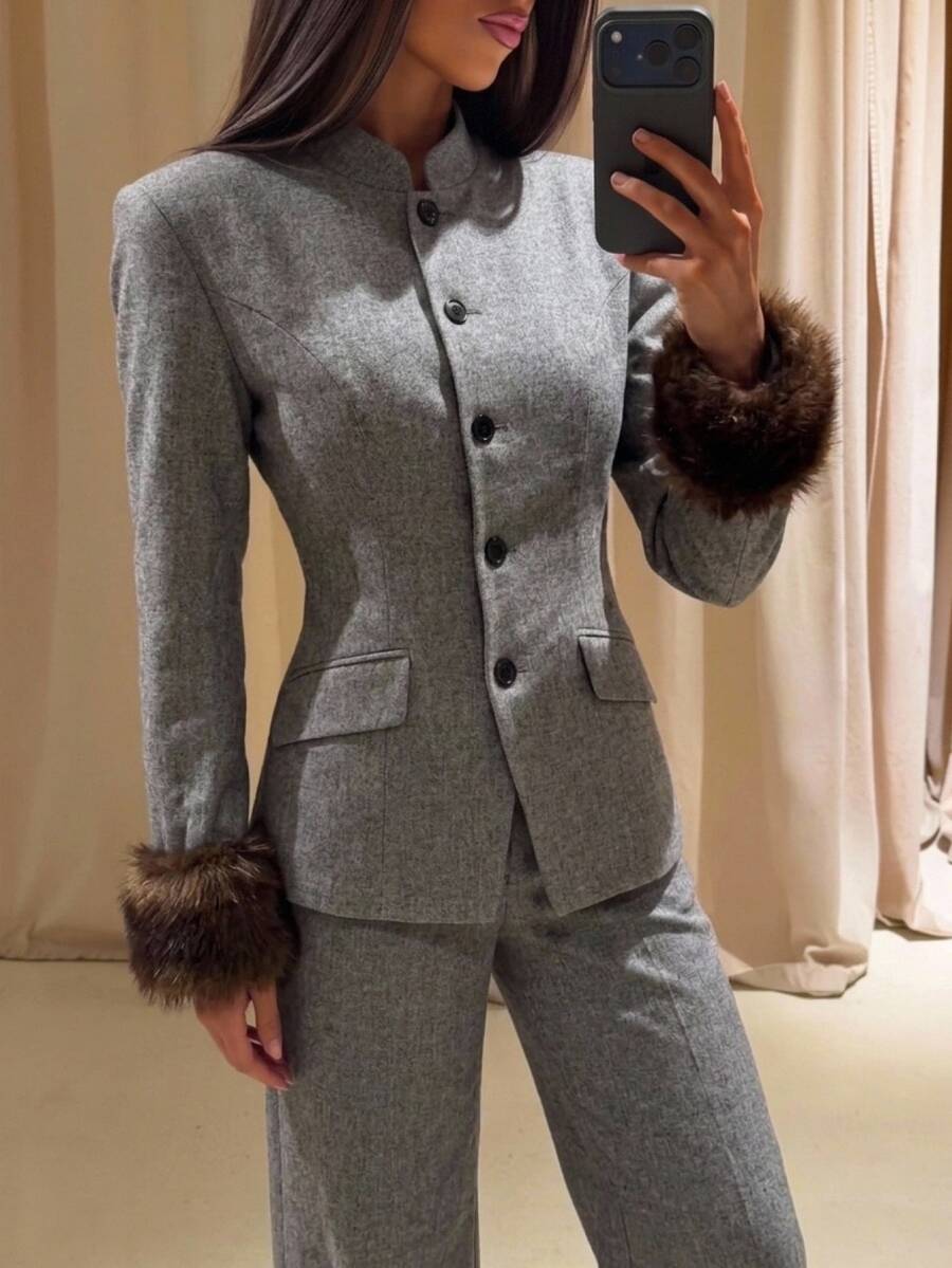 Aloruh Women's Autumn/Winter Dark Gray Suit Set, Faux Fur Patchwork Jacket, Elegant Commuter Outfit - Dark Grey - View 1