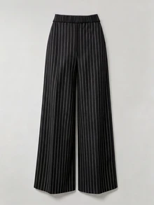 SHEIN LUNE CURVE Plus Striped Print Button Decor Wide Leg Pants Fall - Black - View 2