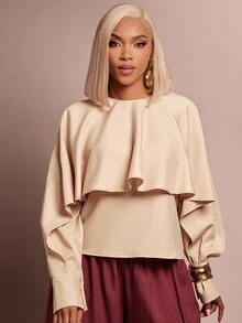 Vixey French Style Double Layer Cape Shawl Blouse For Women, Design Round Neck Loose Batwing Sleeve Draped Commuter Top - Apricot - View 1
