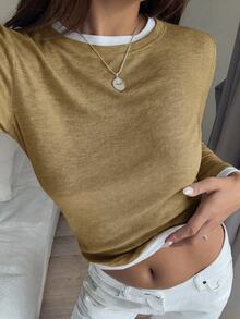 DAZY Women's Patchwork Colorblock 2 In 1 Crew Neck Long Sleeve Casual Streetwear Vacation Spring Autumn Base Layer T-Shirt - Brown - View 6