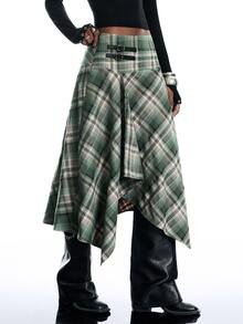 LYSMO Women's Waist Buckle Design Plaid Asymmetrical Hem Casual Skirt - Multicolor - View 4