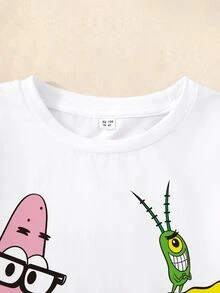 SpongeBob SquarePants | SHEIN 少女卡通圖案印花圓領T恤，適合日常穿著 - 白色 - 查看 3