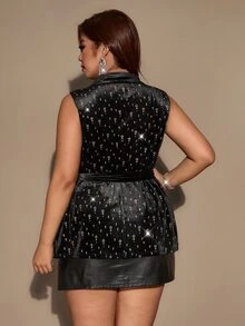 Yalmera جاكيت نسائي أنيق بسيط مزين بالترتر مقاس كبير - الأسود - مشاهدة 6