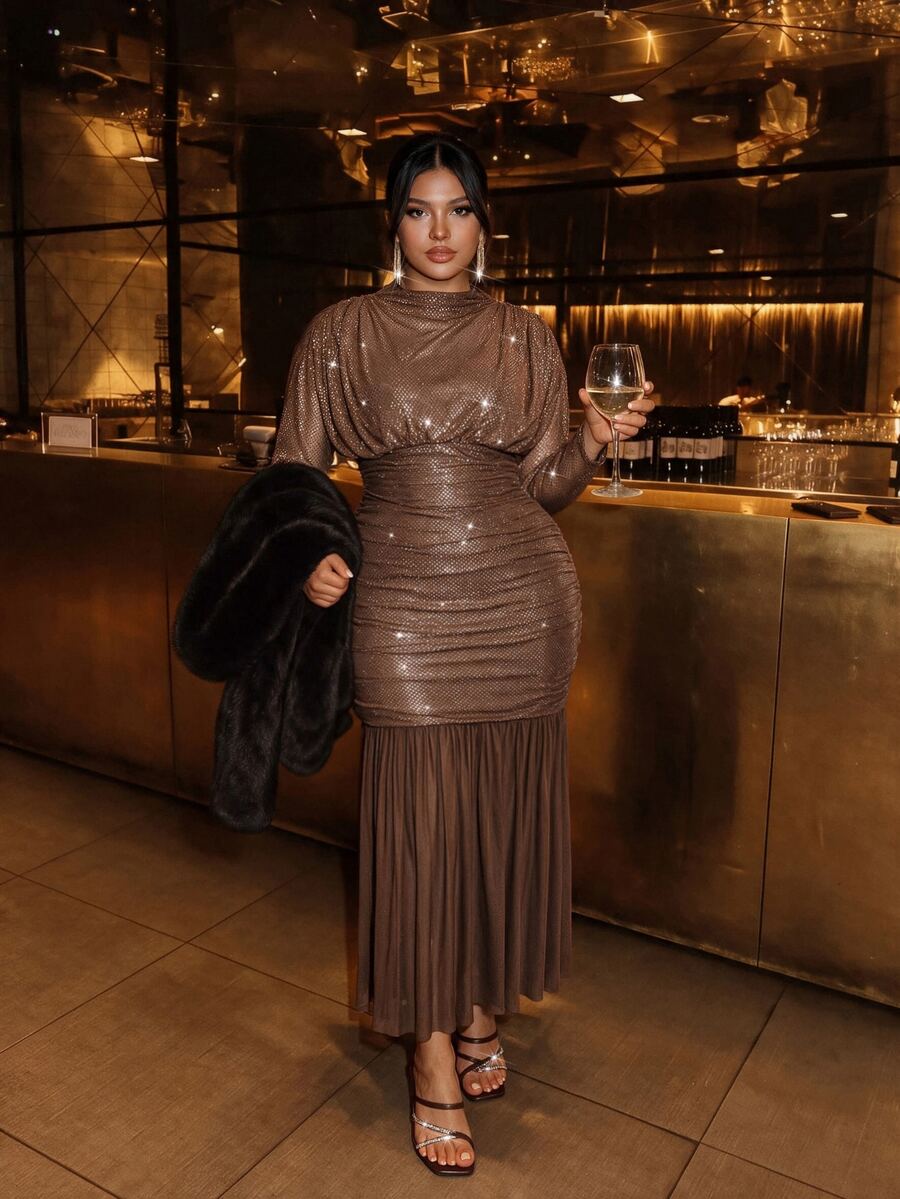 Firerie Plus Size Elegant Sequin Pleated Dress For Evening Party - Coffee Brown - View 1