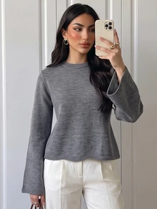 Omancia Women's Solid Color Round Neck Loose Pullover Sweater - Dark Grey - View 3