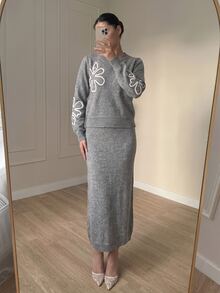 Modelyn Women's Elegant 2 Pieces Set With Applique Faux Pearl Decor Drop Shoulder Long Sleeve Sweater And Knitted Skirt - Grey - View 3