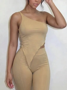 Xyvia Women's Solid Color Fitted One Shoulder Asymmetric Hem Sleeveless Top And Leggings 2 Pieces Set - Apricot - View 1