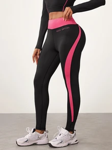 SHEIN Core Rhythm 女款字母印花撞色休閒日常旅行運動緊身內搭褲 - 彩色 - 查看 2