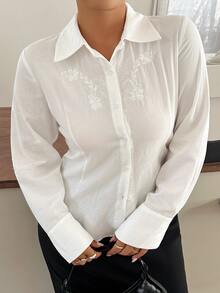 Dazy Plus Floral Embroidered Fitted Waist Long Sleeve Collared Elegant Vacation Spring Autumn Blouse Shirt - White - View 2