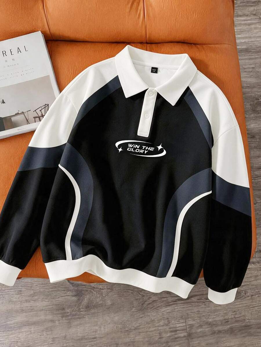 OldRiff Men's Casual Geometric Print Polo Collar Pullover Sweatshirt - Multicolor - View 1