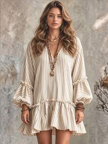 Ceyna Bohemian Style Khaki Vertical Striped V-Neck Short Dress, Double Layer Ruffle Bell Sleeves Loose Fit, Bamboo Linen Texture Vacation Casual Plus Size Dress - Beige - View 3