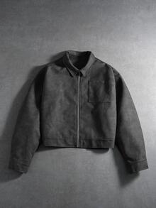 Manfinity Roghcode 男士秋季保守風登山夾克，街頭風復古皮革短版拉鍊長袖冬季休閒外套，哥德風 - 黑色 - 查看 1