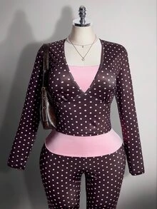 SHEIN ICON طقم كاجوال 2 في 1 بمقاس كبير بتصميم فينتاج Y2K بنقاط بولكا وألوان متباينة وردي وبني - بني مخاوي - مشاهدة 10