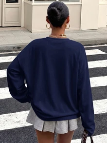 Muchica 95%棉女款休閒街頭寬鬆短袖T恤，女款夏季服飾，女款街頭穿搭深藍色 - 藏蓝色 - 查看 2
