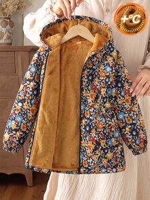 SHEIN 少女款米色長袖休閒連帽外套，抓絨面料，秋季服飾，酷女孩風，可愛時尚經典，梭織花卉圖案，長款拉鍊開襟 - 彩色 - 查看 3