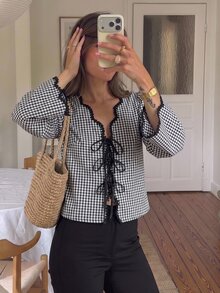 Muvela Women's Plaid Front Tie Puff Long Sleeve Casual Shirt - Black and White - View 5