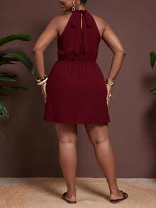 Veslaya Plus Size Women Solid Color Side Knot Fashion Halter Neck Dress - Red - View 4