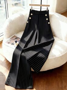 SHEIN LUNE CURVE Plus Striped Print Button Decor Wide Leg Pants Fall - Black - View 5