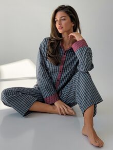 DAZY Women's Plaid Single-Breasted Long Sleeve Top And Pants Pajama Set - Blue - View 6