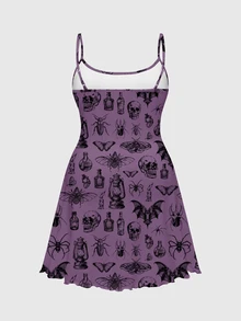 ROMWE Dark Gothic Mori Style Moon Sun Star Sexy Spaghetti Strap Elastic Plus Size Dress - Purple - View 2