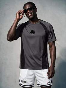Gym Rark Kaos Olahraga Lengan Pendek Blok Warna Abu-abu & Hitam, Kaos Kasual Luar Ruangan Bergaya Pria dengan Motif Cetak, untuk Olahraga di Gym - Dark Grey - View 3