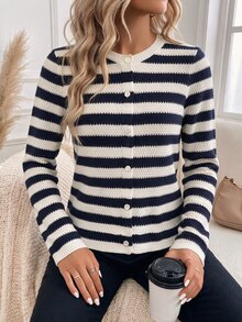 SHEIN LUNE Casual Women's Autumn/Winter Striped Cardigan Sweater - Multicolor - View 7