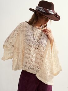 Bohemela Women's Solid Color Hollow Design Loose Fashion Cape Sweater - Apricot - View 6