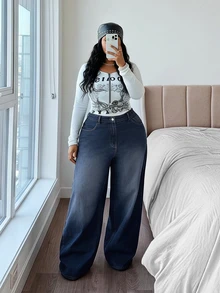 Jeanoix Y2K Plus Size Outdoor Fashion Street Style Flame Pattern Cross Embroidery Blue Denim Wide Leg Pants - Dark Wash - View 5