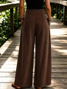 LUMIGAL Women's Brown Corduroy Button Decor High Waist Long Pants - Coffee Brown - View 2