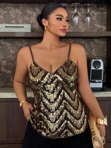 Dazy Plus Banquet V-Neck Spaghetti Strap Sequin Decor Slim Fit Black & Gold Party Style Tank Top - Gold - View 4