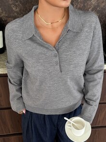 Dazy Plus Lazy Chic Turn-Down Collar Autumn/Winter Elegant Inner Layer Short Polo Neck Sweater - Grey - View 7