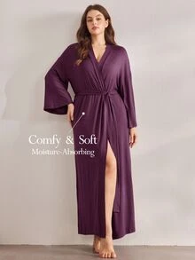 Ocili ثوب نوم مريح وناعم بتصميم بسيط بأكمام متوسطة الطول مقاس كبير - الأرجواني - مشاهدة 1