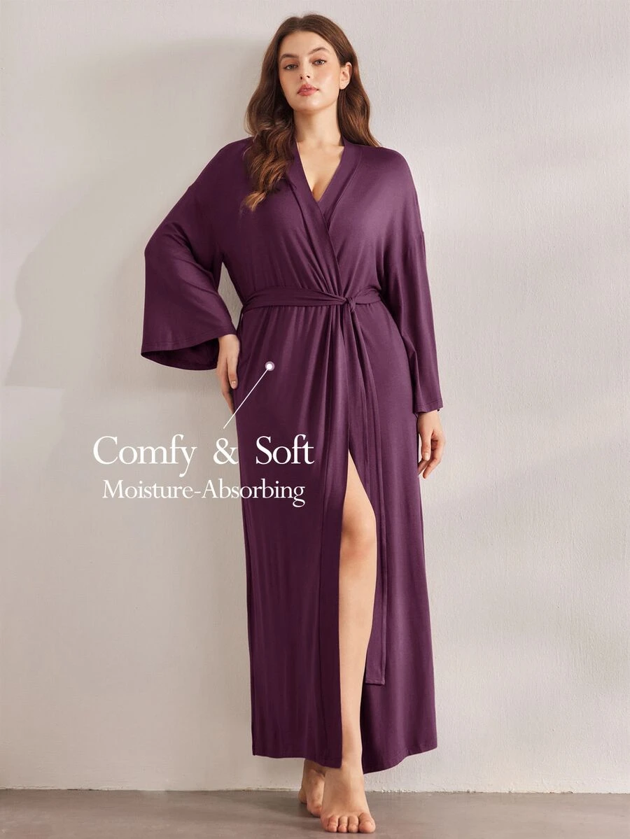 Ocili ثوب نوم مريح وناعم بتصميم بسيط بأكمام متوسطة الطول مقاس كبير - الأرجواني - مشاهدة 1