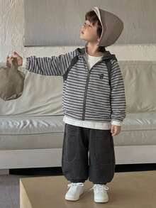 Dazy Kids Young Boy Striped Casual Colorblock Sweatshirt + Jogger Pants Set - Grey - View 1