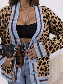 DAZY Women's Brown Leopard Print Patchwork Contrast Color Single-Breasted Long Sleeve Elegant Street Casual Versatile Knit Cardigan - Brown - View 1